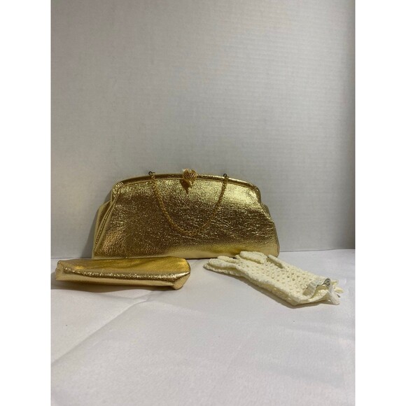 Set of 3 Vintage Metallic gold evening clutch+ large coin purse + gloves - Picture 6 of 12